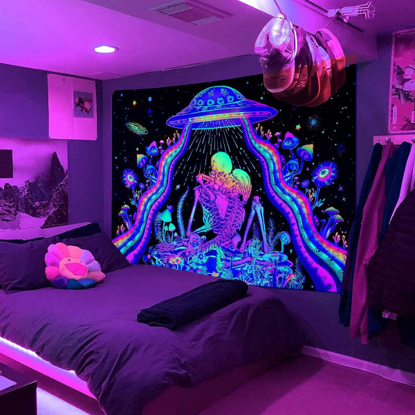 Sort lys kranietæppe Planter Tæpper UV Reaktiv Skelet Elskere Tæppe UFO Alien Tæppe Svampe Blomster Tæppe til B