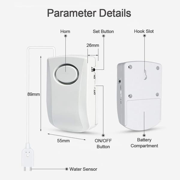 130dB Vattenläckalarm, 95 cm lång kabel, med sensor, hemlarmsystem för vattenläckagedetektering, batterier ingår