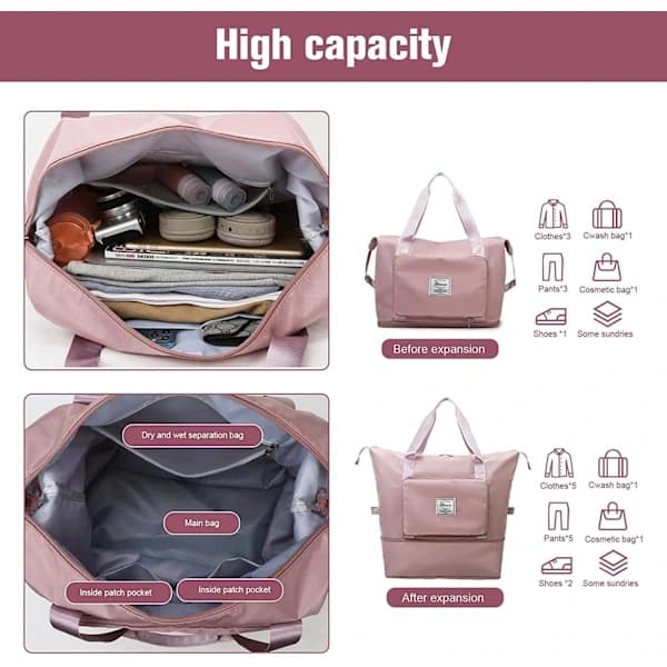 Large Foldable Travel Bag, Lightweight Waterproof Carry-on Bag with Fixed Strap - Pink