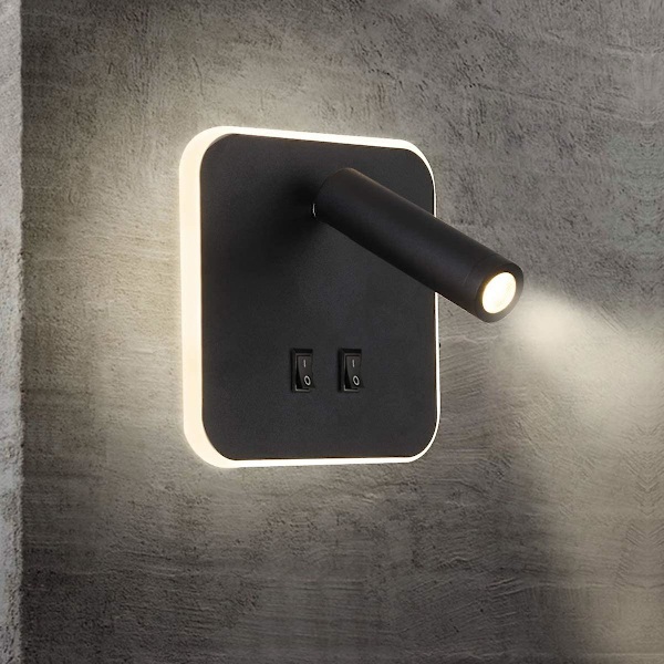 Vägglampa med Justerbar Spotlight för Läsning, Svart Sänglampa med LED, Aluminium, för Hall, Sovrum, Trappor