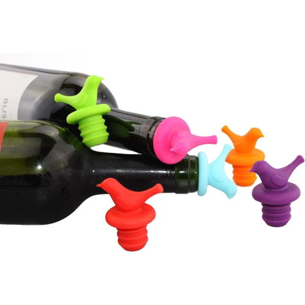 Little Bird vinflaskepropp Fargerik gjenbrukbar silikonvinflaskepropp, (assortert farge, sett med 6)