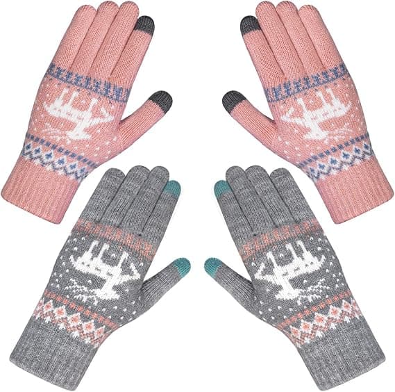2 Par Dam Vinter Touch Screen Handskar Varma Stickade Termiska Handskar Tjockt Plyschfoder Handledshandskar Pekskärm, grå / rosa