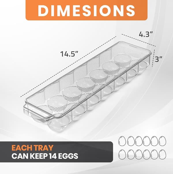 Egg Container for Refrigerator - 14 Egg Holder with Lid and Handle, Egg Storage and Egg Tray (Clear, 2-Pack)