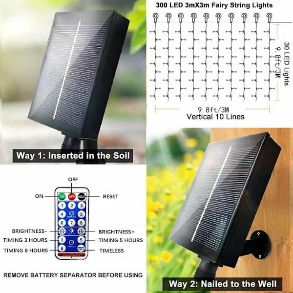 HA~Solar String Lights Upgraded Solar Curtain String Lights Warm White Remote Control, Outdoor Garden Lighting 300 LED 8 Modes