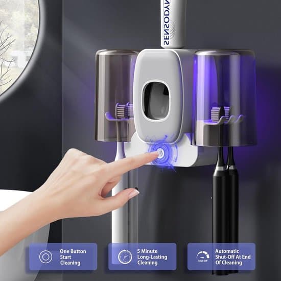 Toothbrush Holder with UV Sterilizer - Wall Mounted, Automatic Toothpaste Dispenser - Bathroom Disinfection and Storage Solution - For Families