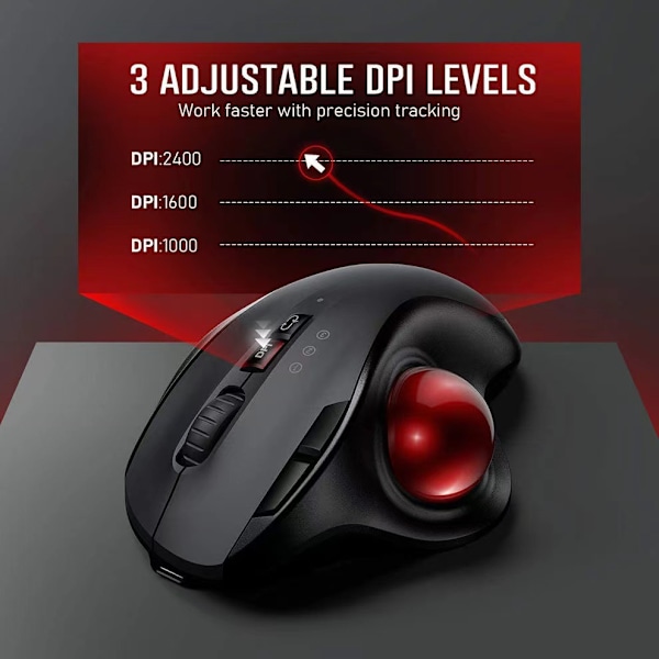 2.4G Sort Ergonomisk Trackball Mus, Optisk Rollerball Mus, Programmerbare Lydløse Knapper, Kompatibel med Bærbar