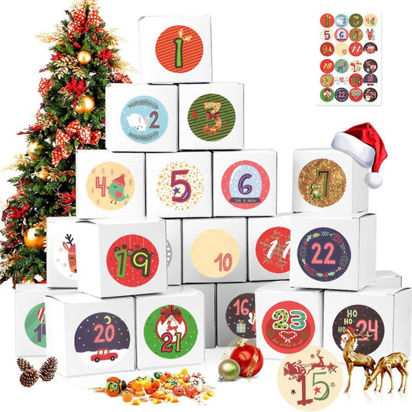 Jule-adventskalender Papirgodteriboks 24 Days of Christmas Elements Godtepose med tallklistremerker DIY-sekk