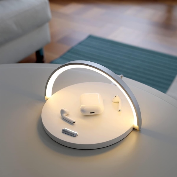 Skrivbordslampa 15W snabb trådlös laddare nattlampa med 3 färger och justerbar ljusstyrka, modern enkel trådlös laddningsnattlampa (vit) trådlös laddning