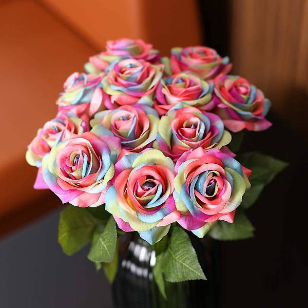 12 Pakke Kunstige Regnbueblomster, Regnbue Roser Buket Falske Regnbue Roser Ægte Touch Roser Silkeblomster Til Blomster DIY Hjem Bryllup Dekoration Par