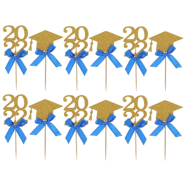 12 st Graduation 2022 Fest Dekorerade Doktorhatt Båge Kakinsatser För Dekoration Blå 10.5X6CM