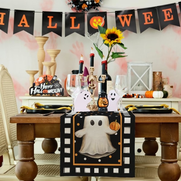 Halloween Bordløper 13x72 Tommer, Gresskar Skummel Spøkelse Sesongmessig Burlap Polka Dots Farmhouse Innendørs Kjøkken Spisestue Tab