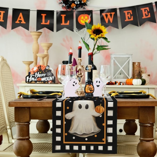Halloween Table Runner 13x72 tuumaa, kurpitsa Spooky Ghost vuodenajan säkkikangas polka dots maalaistalo sisäkeittiön ruokapöytä