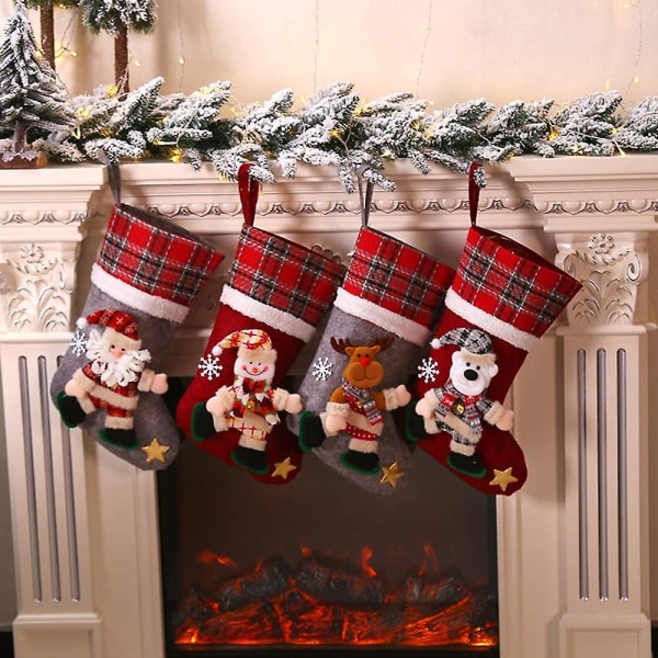 Julstrumpor, set av 4 tomte, snögubbe, renar, björn julkaraktärer 3d plysch med fuskpälsmanschett Juldekorationer och festtillbehör