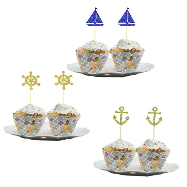 Purjeveneen ankkuri kakkupäällinen, kakkupoimut Cupcake-sisustus, juhlatarvikkeita hääsynttärit - 24 kpl