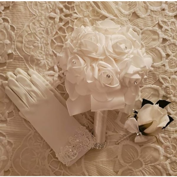 (Vita) Korta satinhandskar med spets Korta handskar för damer Operahandskar Bröllopshandskar för kvällsfest, bröllop, förlovning, P