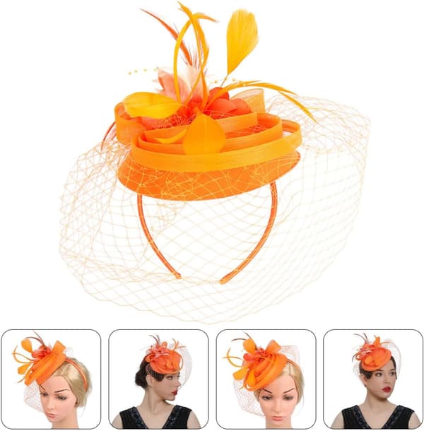 Fjærhode Blomster Hårnål Mesh Fascinator Pannebånd for Kvinner Teaparty Bryllupsdekor Brudehodeplagg Oransje