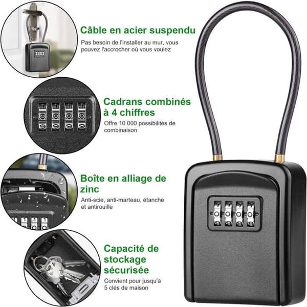 Metal Key Cabinet with Cable, Secure Key Safe with 4-Digit Combination Lock, Waterproof for Outdoor Use, Black