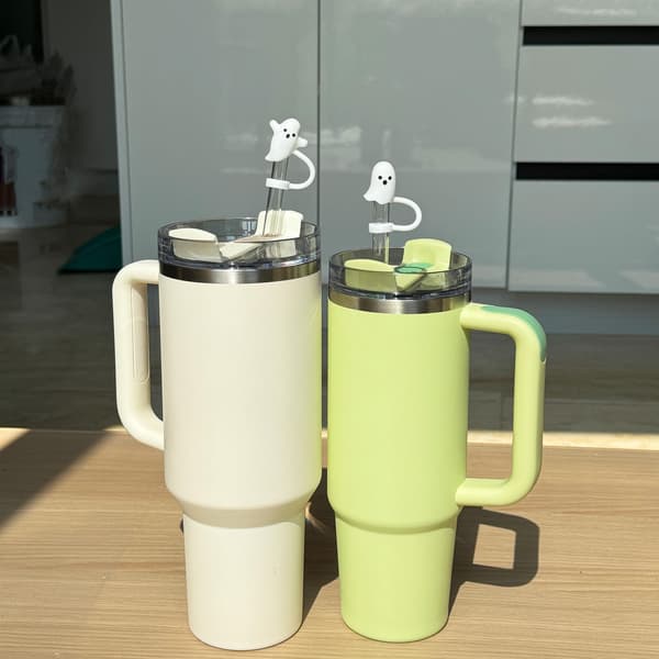 Cute Ghost Straw Covers, Compatible with Stanley Cup 30 40 oz, 4-Piece Reusable Silicone Straw Toppers, Fun Mug Accessories