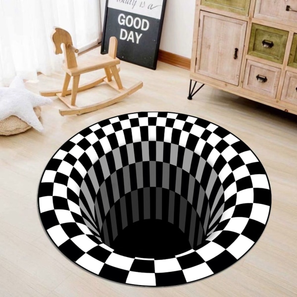 3D Rund Matta Svart Vit Illusion Matta, Halksäker Dörrmatta för Heminredning Matta (60cm)