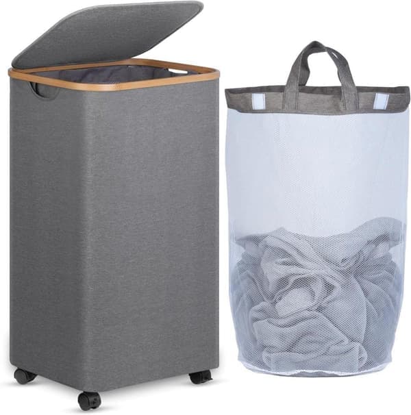 Laundry basket on wheels 100L – Slim laundry basket with lid, bamboo handle & removable bag