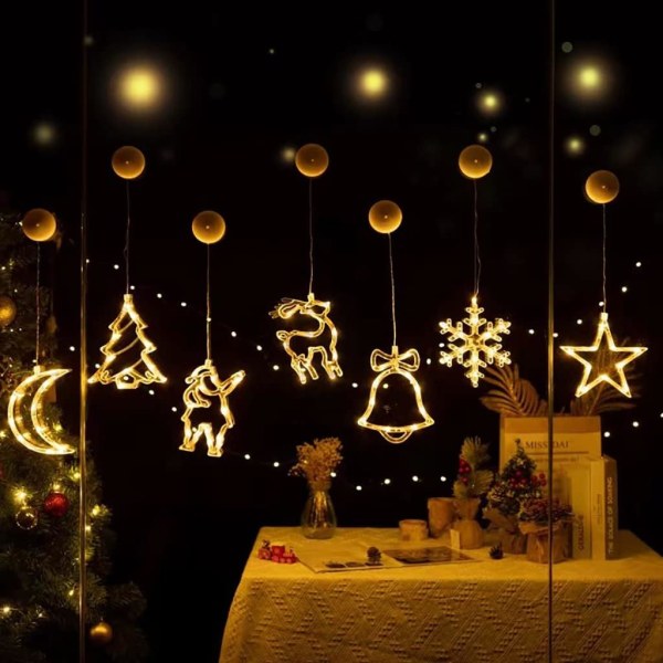 Batteri julbelysning, 4 st Hängande julbelysning inomhus med sugkopp Jultomten Julgran Snowflake St