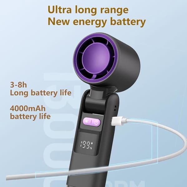 Portable Handheld Fan - Foldable - 199 Speeds - Digital Display - Rechargeable Battery