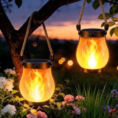 Solar Lamp - PZCC - Flickering Flame Lantern - Dual USB/Solar Charging - Dusk Sensor - 2-pack