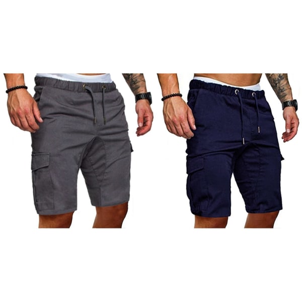 2x Herre Shorts Casual Arbeidslomme Blonder Shorts Joggingbukser L Mørk Grå Marineblå