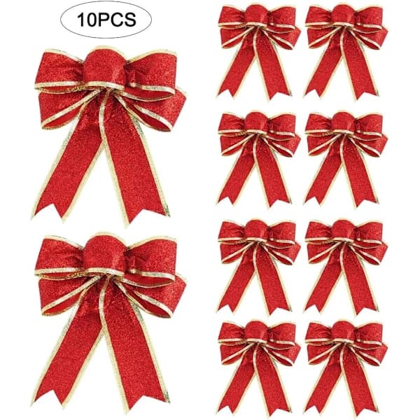 10-pack glitter Christmas bows - Christmas tree decoration for hanging (red)