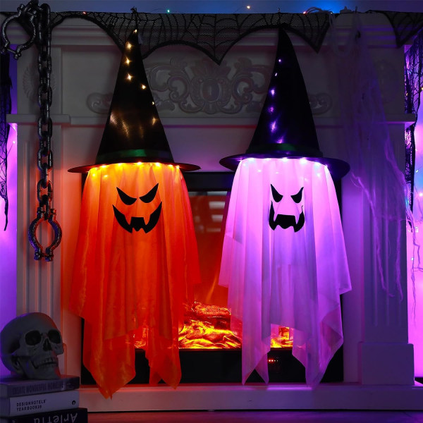 2st Halloween-dekoration utomhus stor storlek halloween upplyst glödande spökhäxhatt utomhusprydnader Hängande spöken dekoration