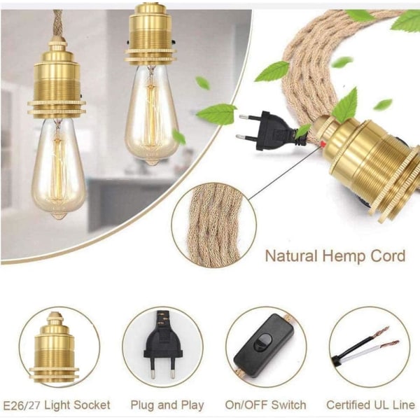 Vintage hampa hängande lampsats med strömbrytare DIY Enkelt huvud hängande ljus Kabel Rep Socket Textil sladd Dekorbelysning