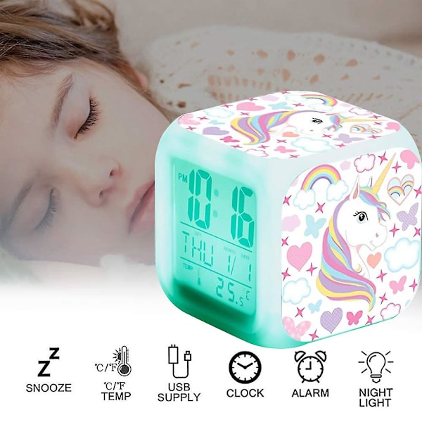 Unicorn Digital Vekkerklokke For Jenter, Led Nattskinnende Kube Lcd Klokke Med Lys Barn Vekkerklokke Ved Sengen Bursdagsgaver For Barn Kvinner
