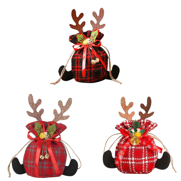 3 Pack söpöjä joululahjakasseja Kannettavat Antlers-karkkikassit kiristysnyörillä