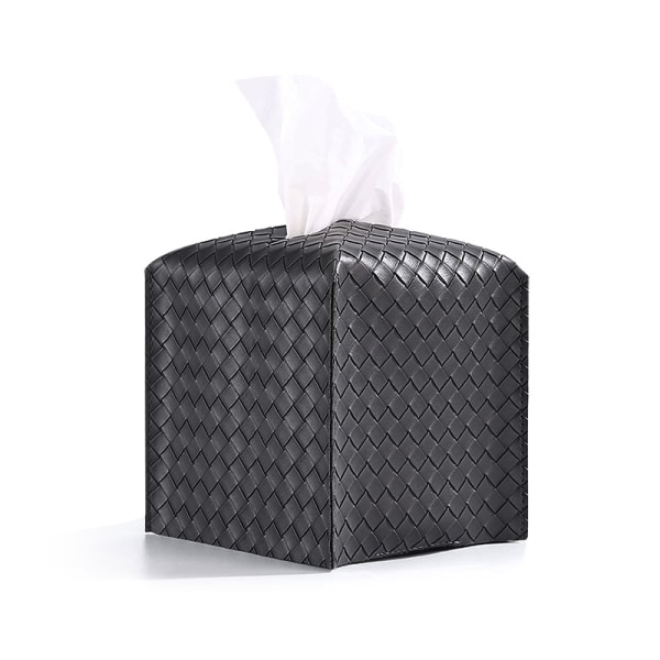 Tissue Box Cover,, Firkantet Tissue Box Holder for svart PU-skinn med flettet mønster, bærbar og sammenleggbar, kan brukes