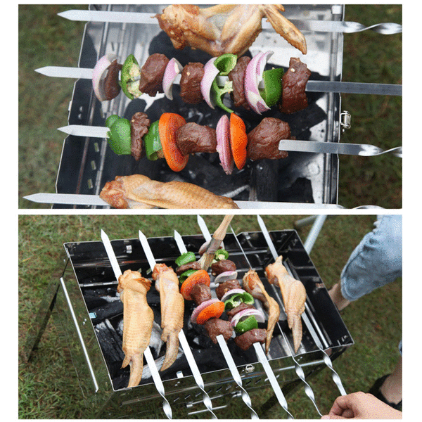 6 stk grillspyd, flate grillspyd med trehåndtak, gjenbrukbare grillspyd i rustfritt stål, kebabspyd