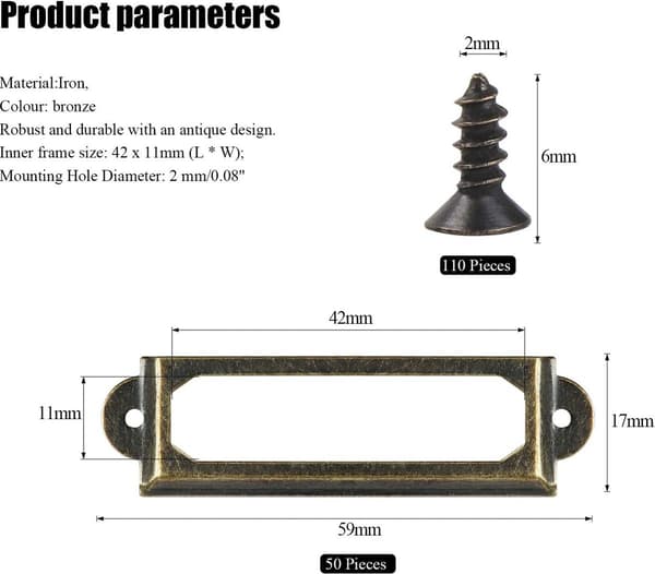 50 Pieces - Metal Label Holders - Bronze - Rectangular Metal Label Holders - 59x17mm - With Screws ...