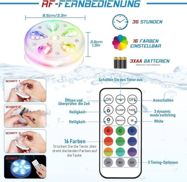 Garden Pool Submersible LED Pool Lighting, Waterproof with RF Remote Control, Timer, 16 LEDs, Suction Cup and Magnet