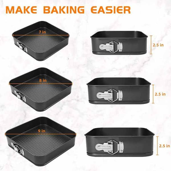 Non-Stick Springform Pan Durable Pie Baking Mold Cheesecake Mold with Removable Bottom Cake Pan Square 18cm+20cm+22cm