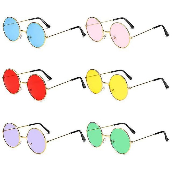 6 stk Runde Hippie-briller Farverige Retro Hippie-briller 60 S Style Circle-briller til festgoder