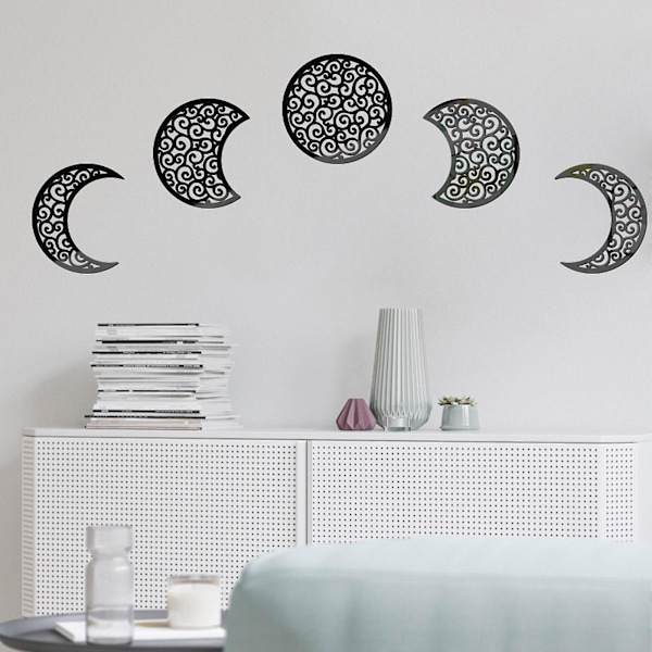 Sort 5-pak 3D Månefase Vægstickers Hjemmeindretning Stue Soveværelse Mural Kunst Dekaler DIY Håndværk Sort
