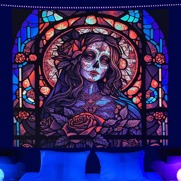 Blacklight Tapestry Sugar Skull Tapestry Halloween Tapestry UV Reactive Neon Tapestry Hehkuvat Pimeässä Juhlatausta, Luuranko