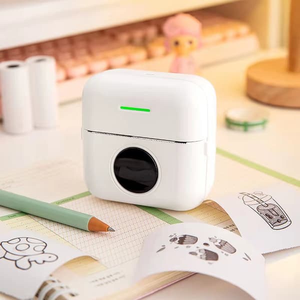 Vit bærbar termisk printer Mini trådløs udskrivning Fotolomme Termisk etiketprinter