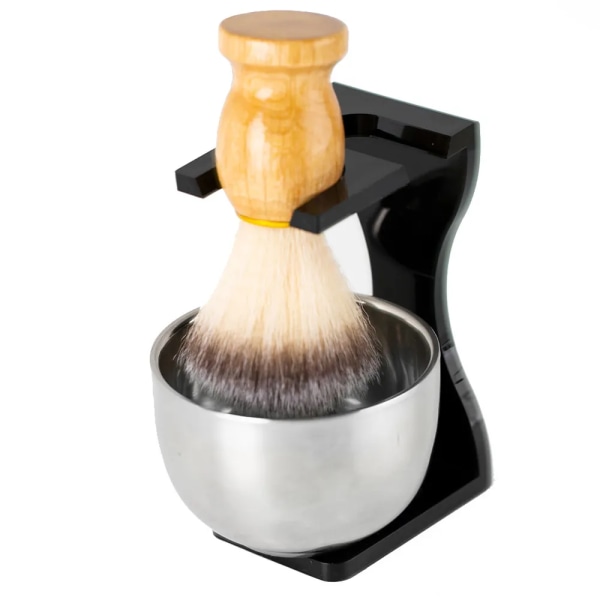 Barberbørstesæt [3 i 1] Pure Badger Hair Barberbørster med træskaft, barberstativ i rustfrit stål og skål til mænd