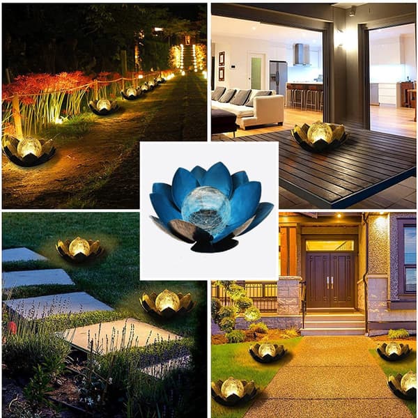 Solar-Powered Lotus Garden Lamp Outdoor Lighting with Daylight Sensor Blue Blue