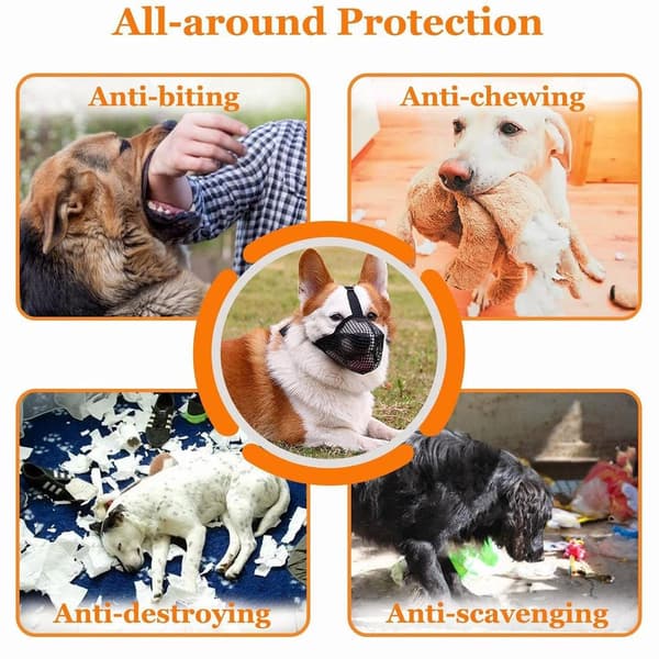 Dog Muzzle Soft Breathable Mesh With Adjustable Straps, Full Coverage Anti Biting Barking For Small Medium Large Dogs, Black Grey, XS+