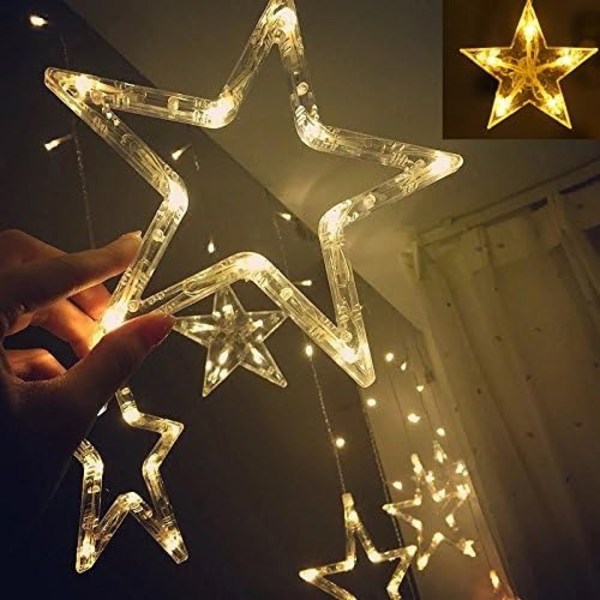 Twinkle Star 12 stjerner 138 LED-gardinlys, vinduesgardinlys med 8 blinkende tilstande Ramadan-dekoration til bryllup (varm hvid)