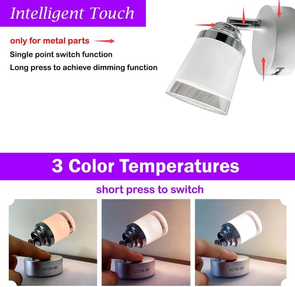 12V LED-lampe til autocamper med USB, 3W, touch-dæmper, 3 farver (2 stk.)
