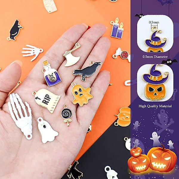 81 st Halloween-berlocker, Grossistpaket Hallowmas Skalle Skelett Berlocker Blandade Guldförgyllda Emalj Halloween Mask Berlocker