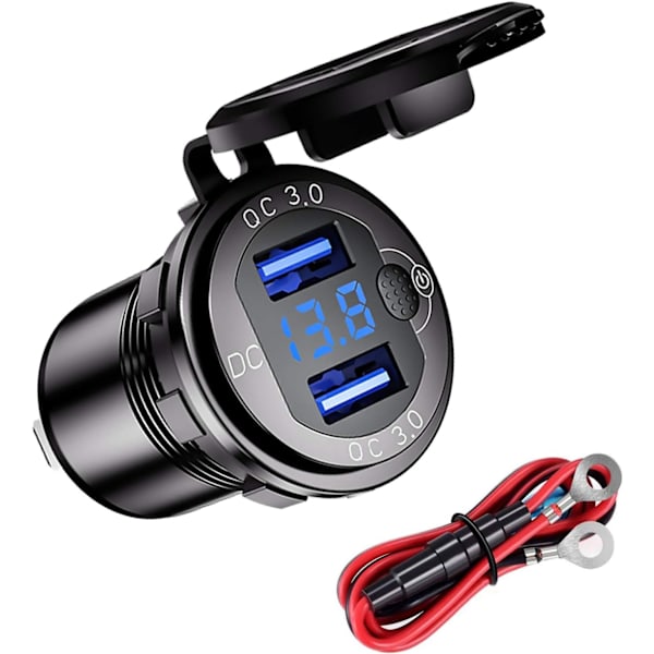 Vanntett Motorsykkelbil QC3.0 USB-lader, 12/24V Aluminiumslegering Dobbel USB-laderkontakt, med bryter og LED-voltmeter for biler