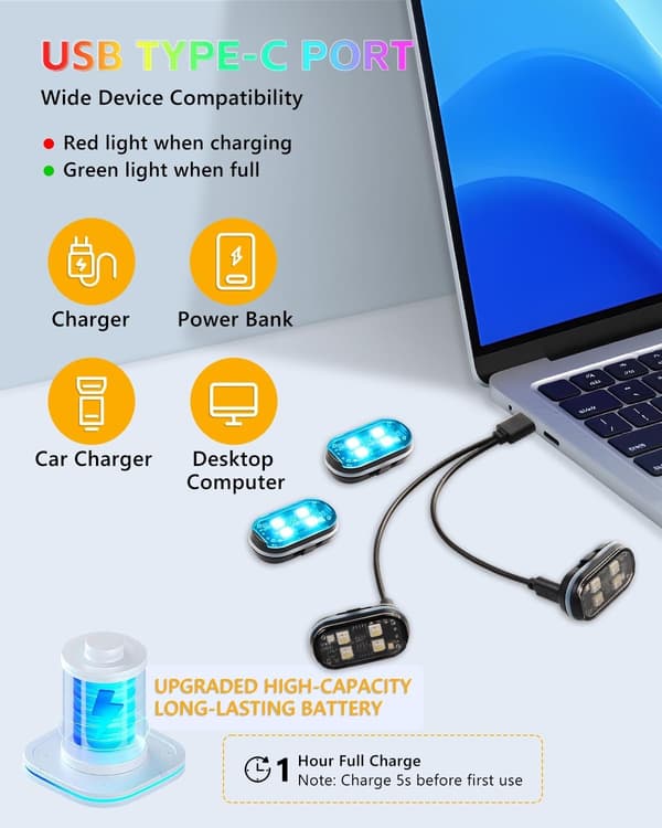 Four-piece Wireless LED Strobe Light Kit, Remote Control, Waterproof and Shockproof, and USB-C Rechargeable.